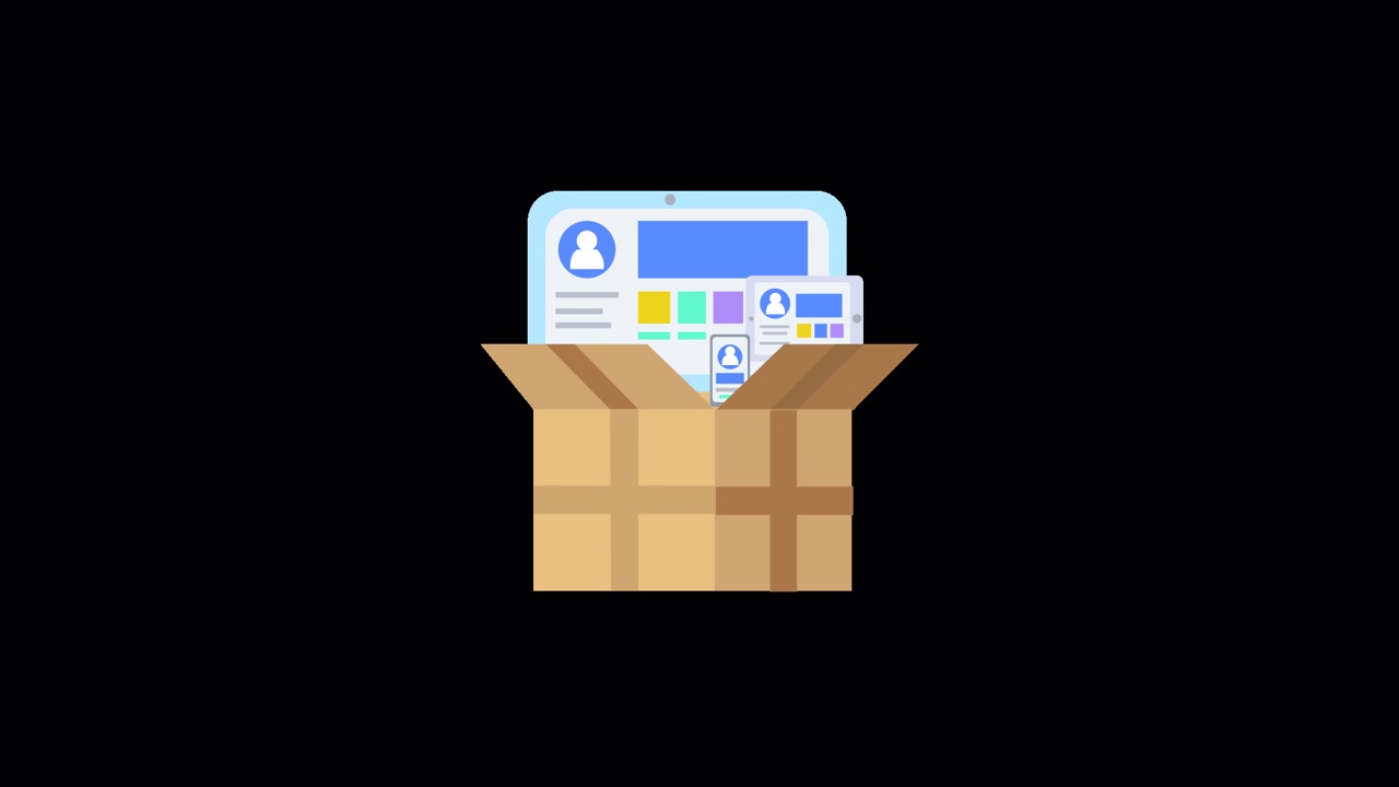Animación de dispositivos digitales con interfaces de usuario emergiendo de una caja