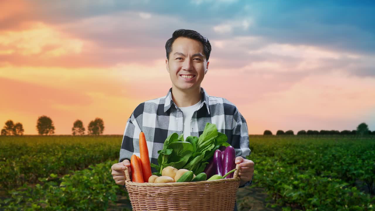 신선 한 농산물 의 바구니 를 들고 미소 짓는 농부