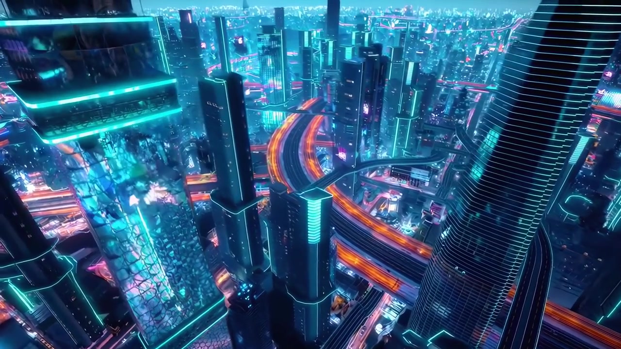 Aerial View of a Futuristic Neon City with Glowing Traffic