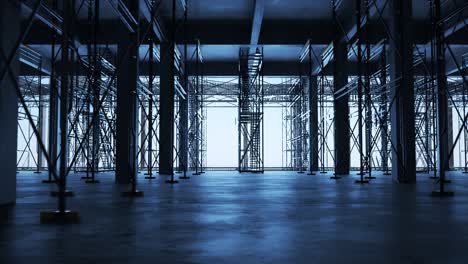 Interior-of-the-reinforced-concrete-building-construction-site.-One-of-the-floor-with-metal-scaffolding.-Camera-moving-sideways-in-an-endless-loop.-Perfect-for-development-related-purposes.