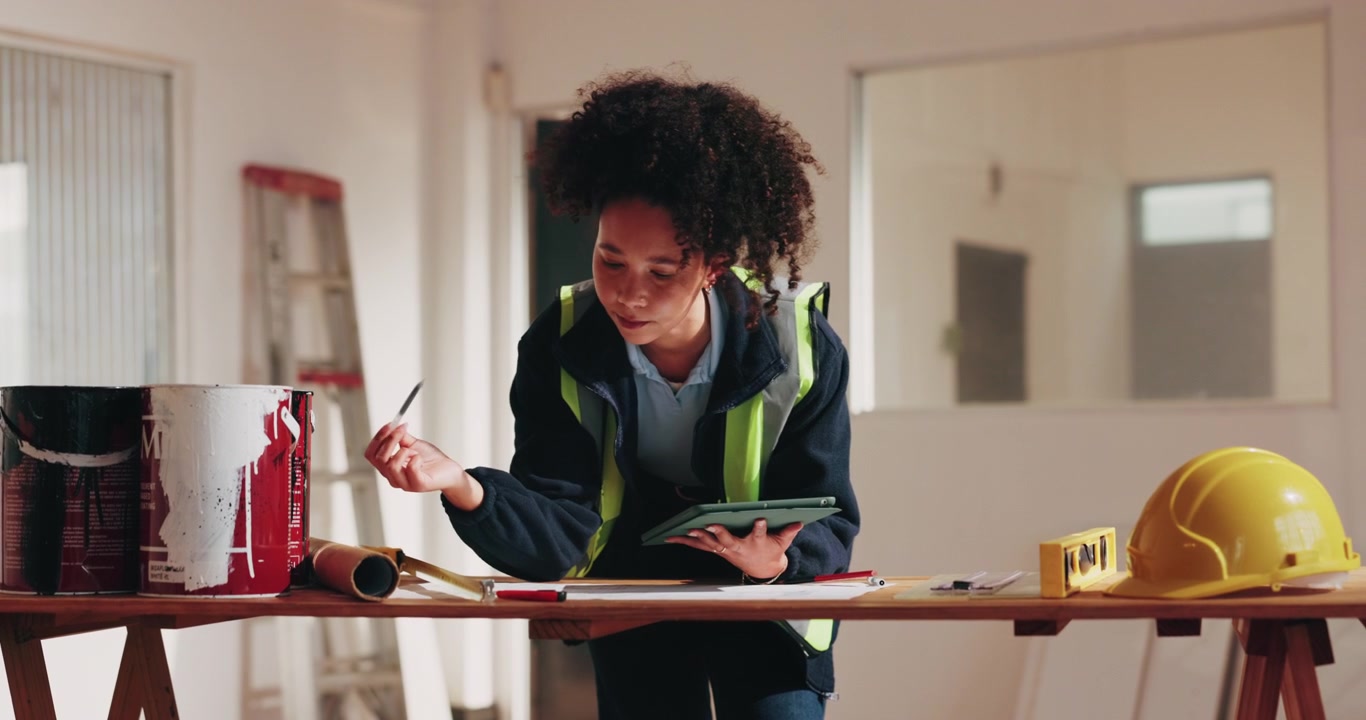 Female Construction Manager Reviewing Plans on Tablet at Building Site