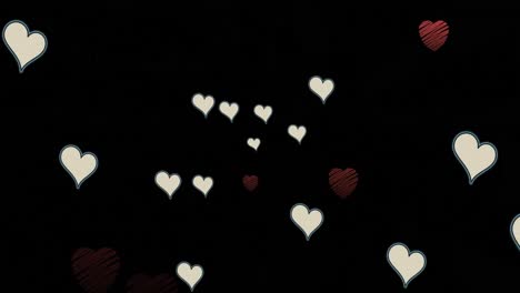 Animation-of-white-and-red-hearts-floating-over-black-background