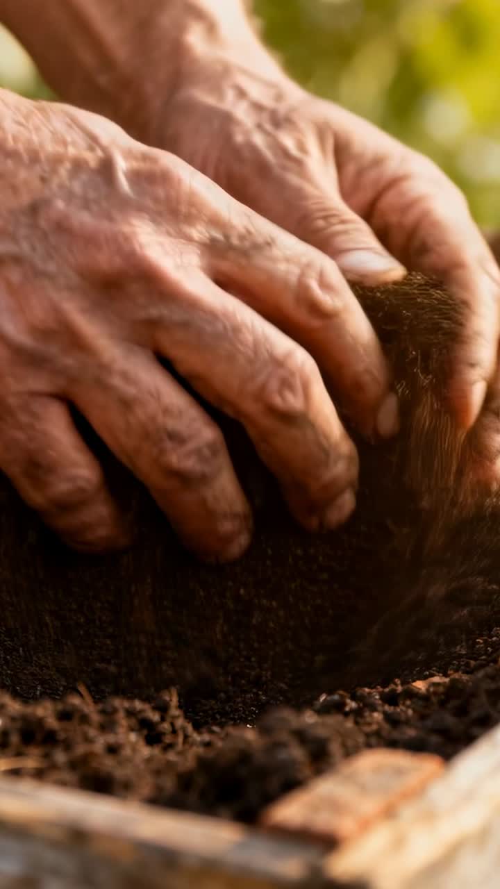 Mani nude che iniziano a raccogliere, raccogliendo, lasciando cadere il terreno, formando un monticello e lisciando, preparando la fioriera.