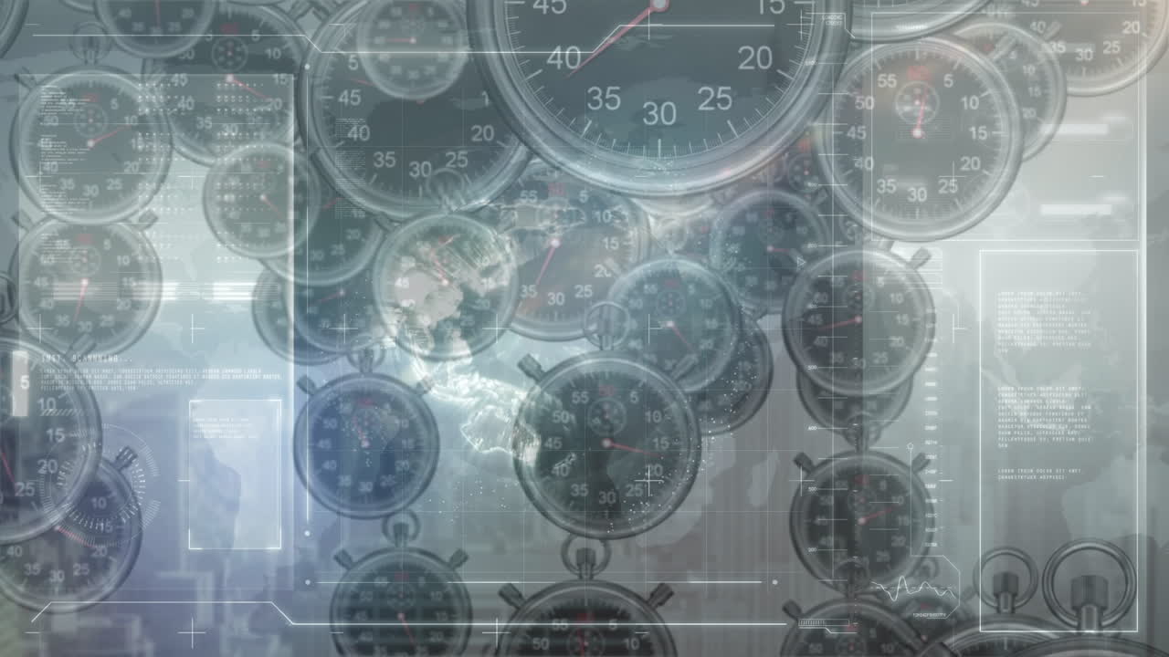 데이터 처리의 애니메이션과 떠다니는 시계 위의 지구