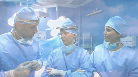 animation of clouds and sky over surgeons wearing face masks in hospital