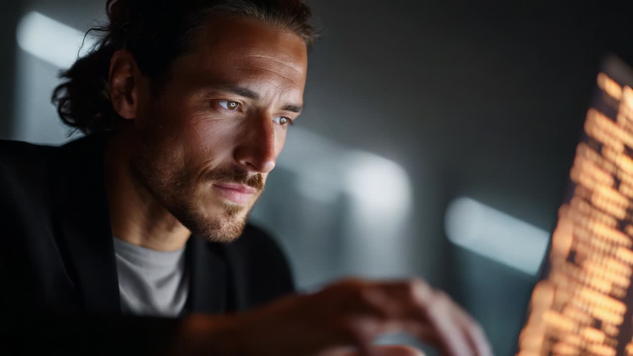 Focused Programmer Engaged in Deep Coding, Illuminated by Screen Light, Representing Modern Technology's Impact on Concentration and Creativity in a Dimly Lit Workspace