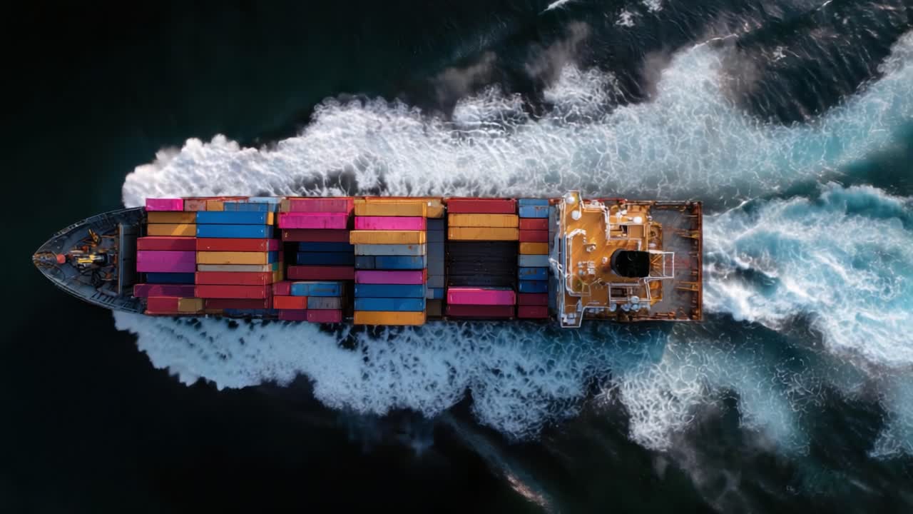 Aerial View of a Cargo Ship Navigating Through Ocean Waters with Vibrantly Colored Containers and Dynamic Wake Patterns Capturing Maritime Transport
