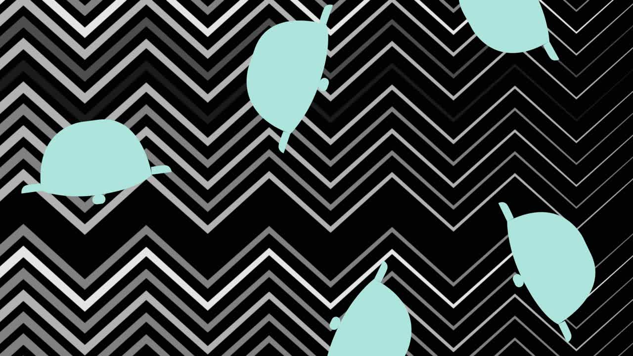 Animation of blue cooking pots falling on zigzag grey and black background