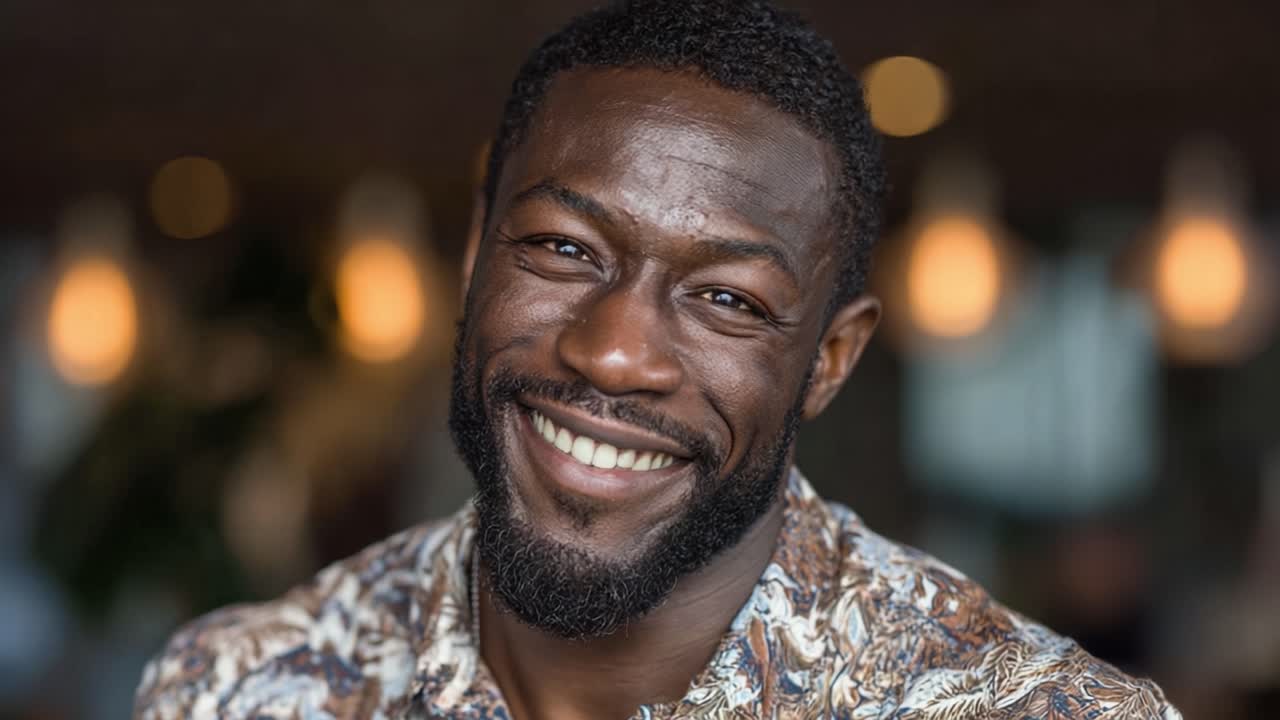 Un homme joyeux au sourire charmant capturé dans deux cadres, mettant en valeur le bonheur et la confiance dans un environnement lumineux avec un éclairage chaleureux