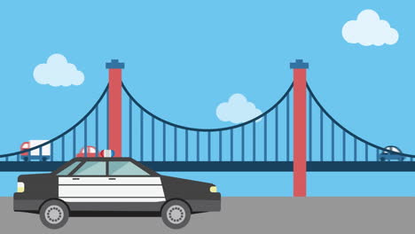 animación de un coche de policía sobre un puente