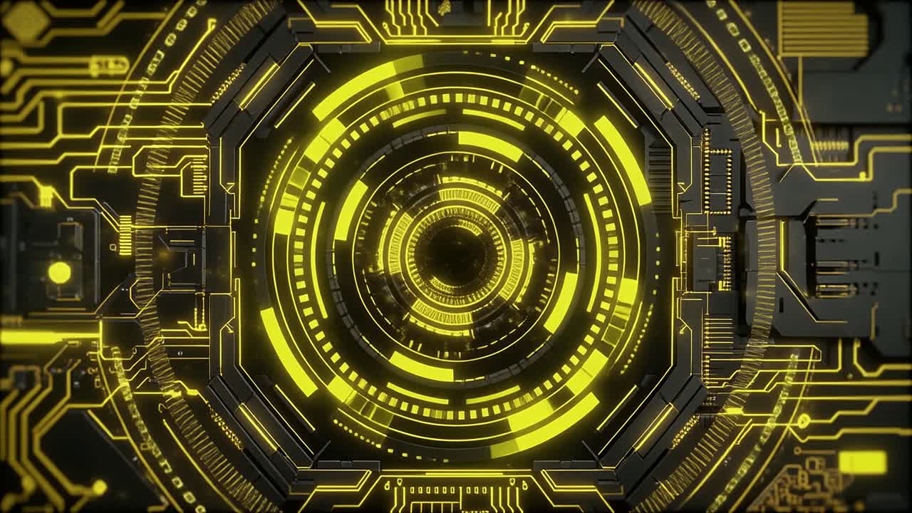 Animated Futuristic Circuit Board with Glowing Yellow Lines and Circles
