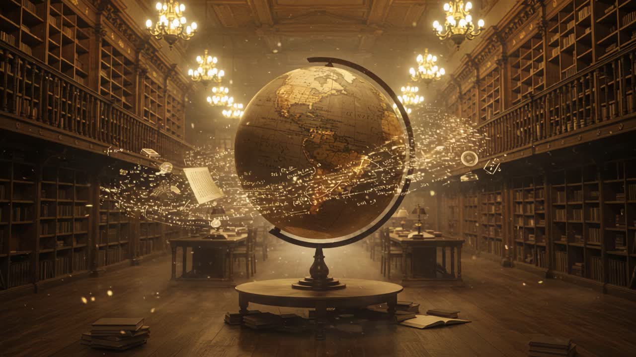 A Magnificent Library Scene with an Enchanted Globe Surrounded by Spiraling Texts and Illuminated by Elegant Chandeliers, Capturing the Essence of Knowledge and Exploration