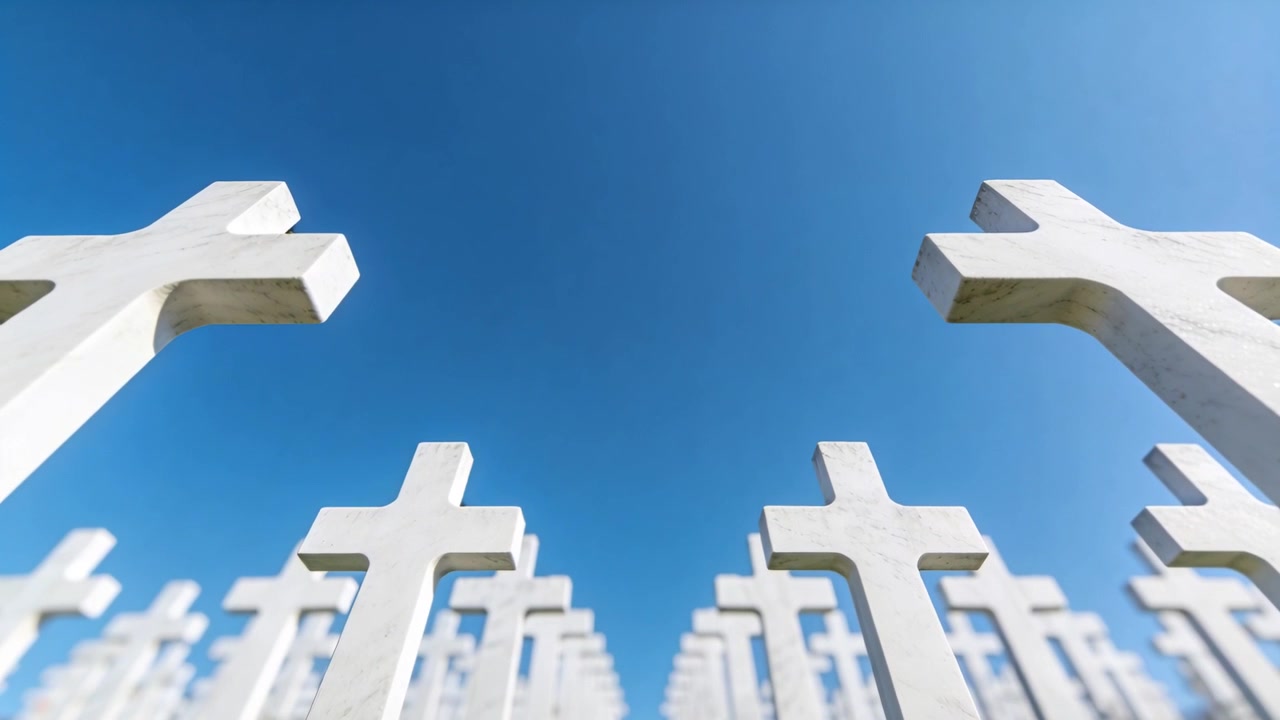 Telecamera inclinata dal basso verso l'alto che rivela file di croci latine bianche su un pendio erboso, con cielo sereno.