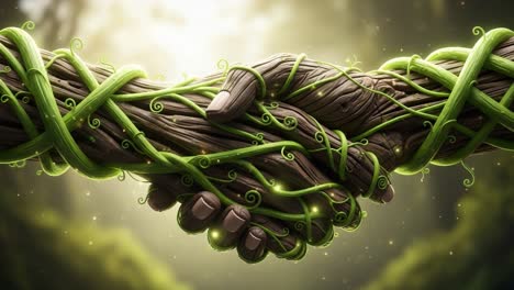 a symbolic representation of unity: two hands intertwined with nature, expressing harmony and cooperation amidst a serene forest backdrop
