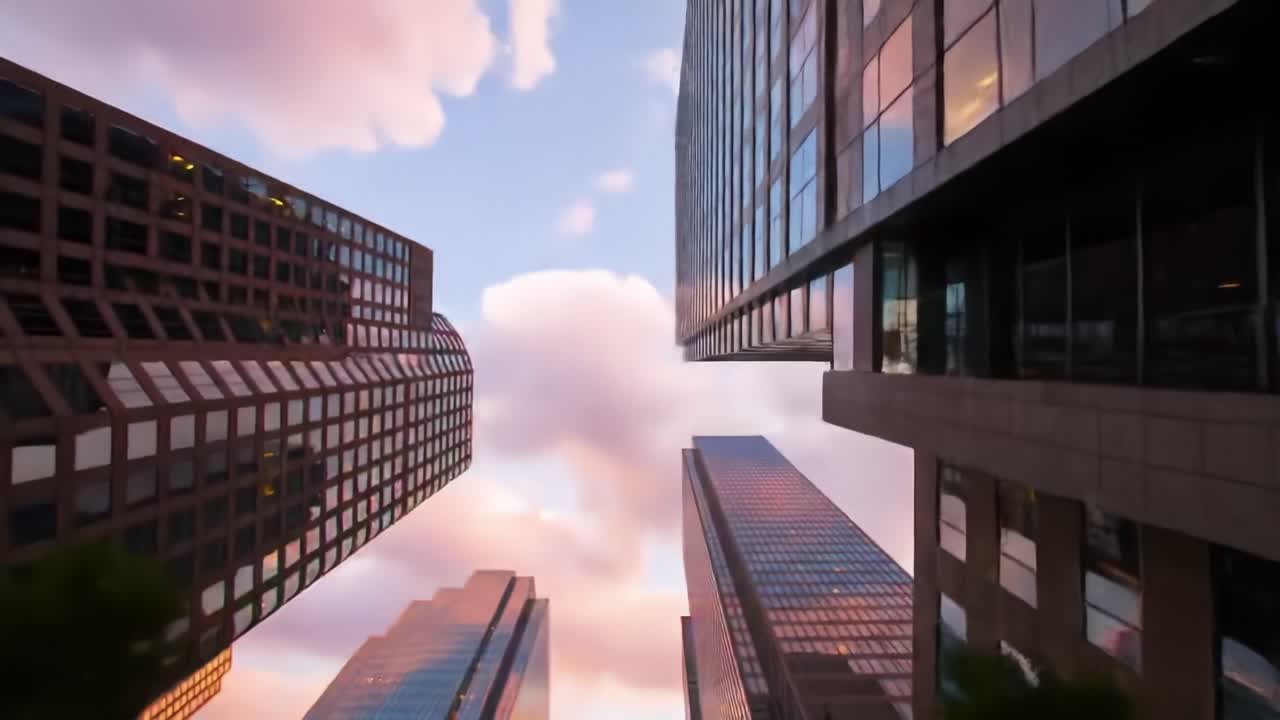 Captivating view upward between tall buildings in a bustling city as the sun sets, casting beautiful light on modern architecture and fluffy clouds. An inspiring mix of nature and urban design.