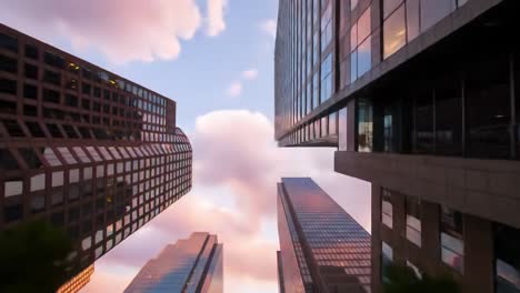 captivating view upward between tall buildings in a bustling city as the sun sets, casting beautiful light on modern architecture and fluffy clouds. an inspiring mix of nature and urban design.