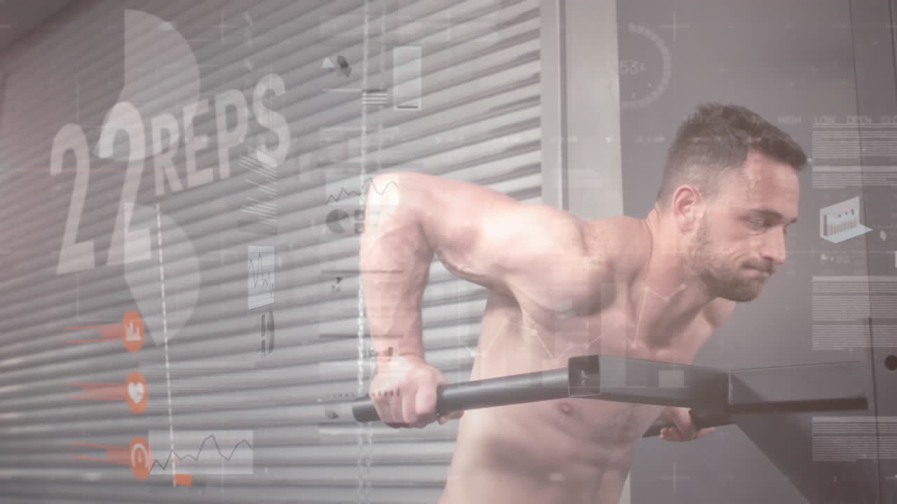 체육관 장비로 운동하는 강한 남자에 대한 데이터 처리 애니메이션