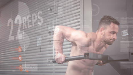 animación del procesamiento de datos sobre un hombre fuerte haciendo ejercicio con equipos de gimnasio