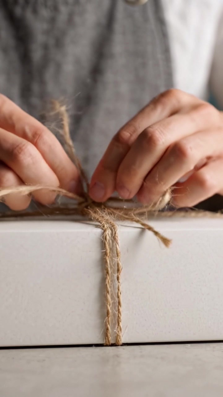 Et nærbillede af hænder, der binder en rustik sløjfe med snor på en gaveæske, hvilket fanger kunsten at pakke gaver ind til særlige lejligheder og festligheder.