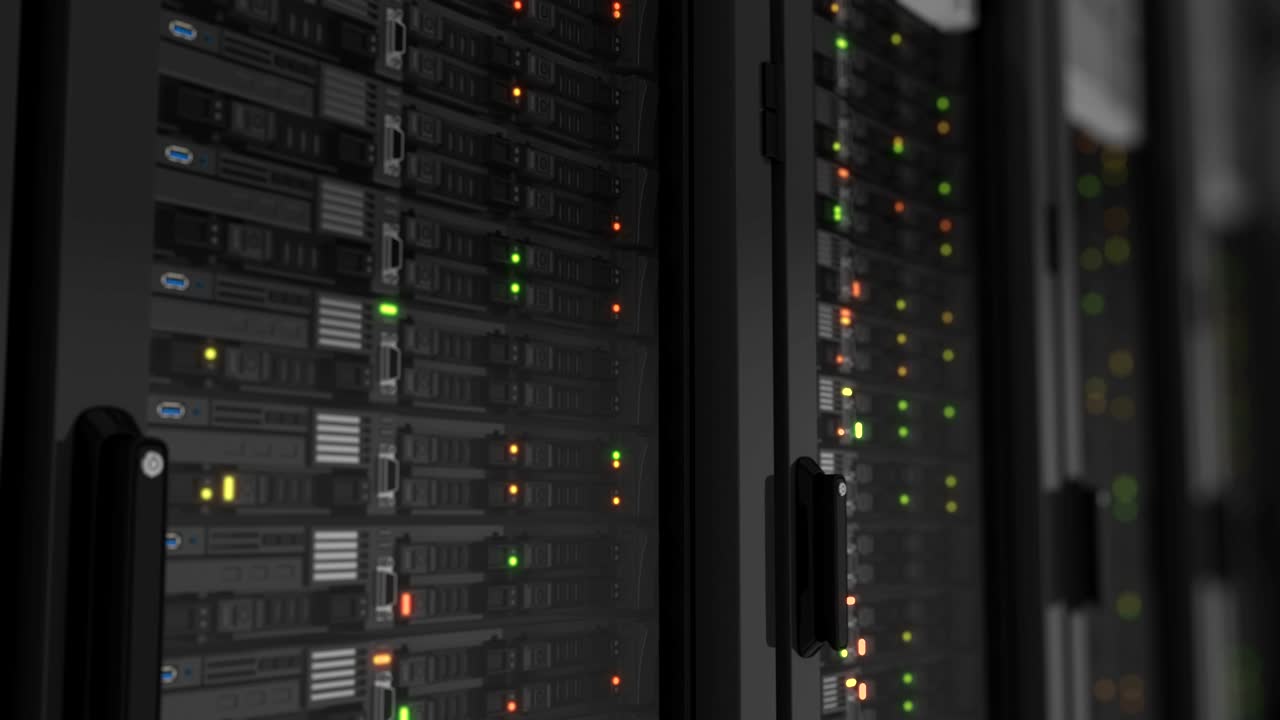 luces intermitentes en servidores de trabajo de primer plano en el centro de datos moderno. almacenamiento de datos de computación en la nube. renderización 3d pesada. animación 3d en bucle.