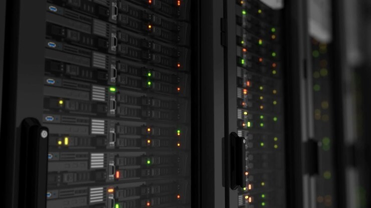 Flashing Lights on Working Servers Close-up in Modern Data Center. Cloud Computing Data Storage. Heavy 3d Rendering. Looped 3d animation.