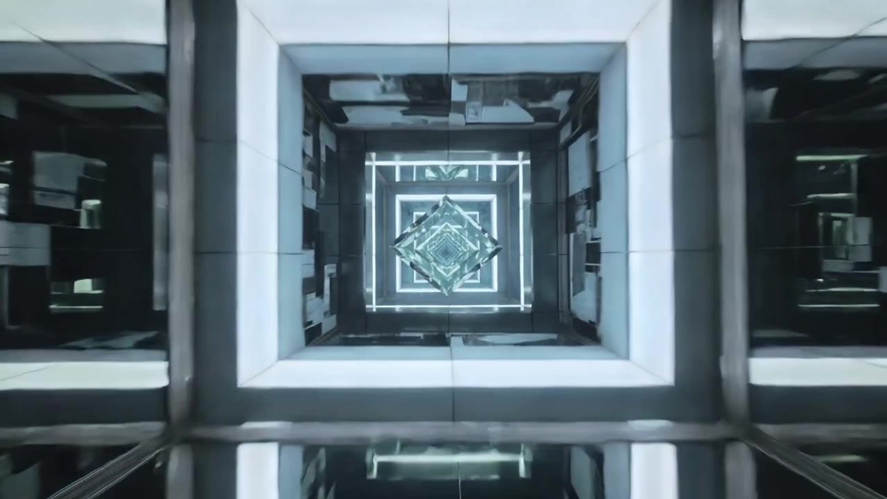 Panning camera rising into atrium after white fabric intruding, centering view revealing lit frames