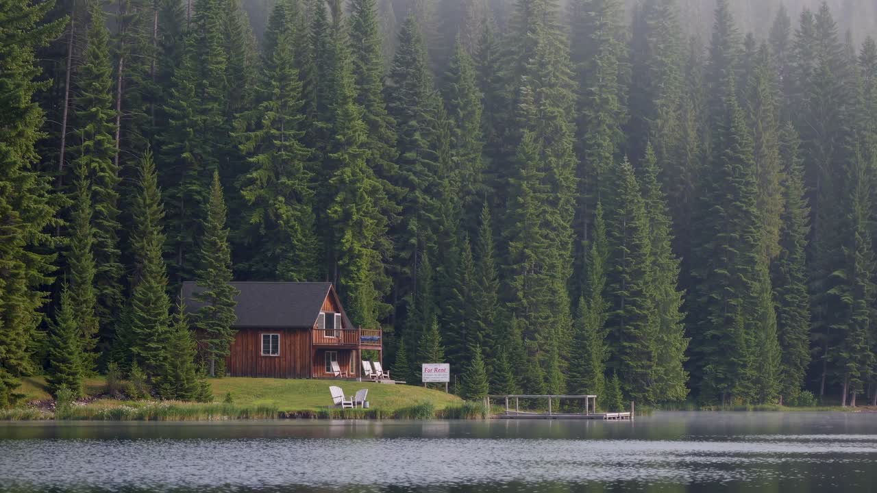Cozy wooden cabin sits serenely by a tranquil lake, enveloped by a ...