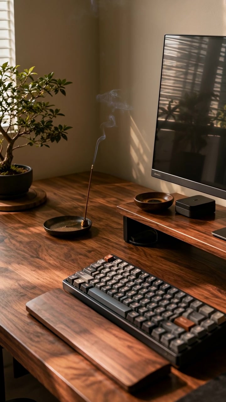 Close view shows wispy vapor drifting upward from small bowl on wooden tabletop while keyboard, monitor, and plant remain in warm natural light with quiet indoor composition and soft shadows.