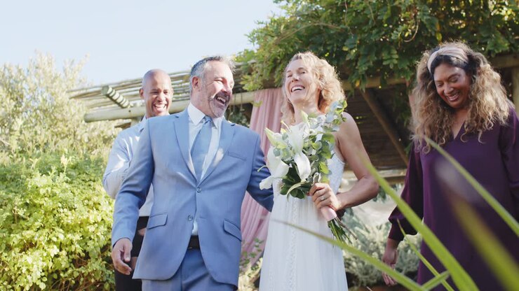 Newlyweds descending steps postvows under pink pergola, bride white holding calla man guiding groom