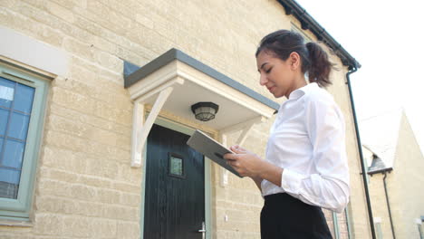 female real estate agent with digital tablet assessing house