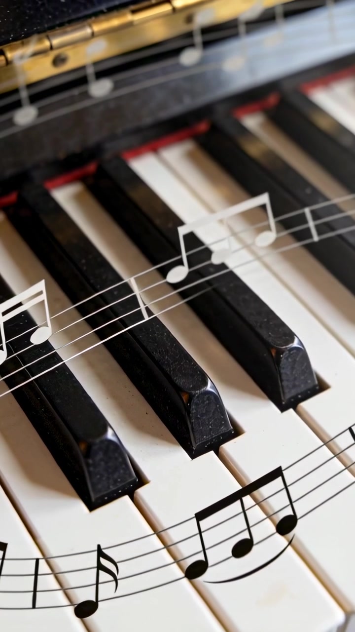 Vertical video: Moving camera showing piano close in room as notes flowing, showing hinge and felt