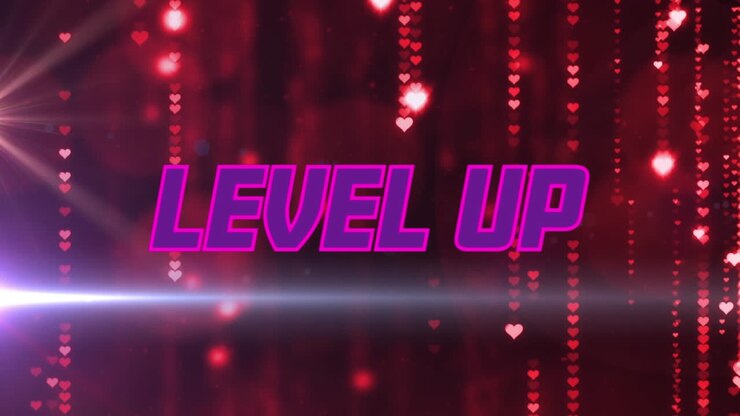 Animazione di testo 'level up' su cuori luminosi che cadono su bagliori dell'obiettivo sullo sfondo