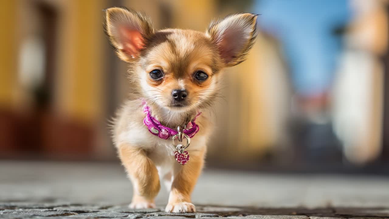 カラフルな通りを歩く、大きな耳を持つ愛らしいチワワの子犬。遊び心にあふれた好奇心と犬の魅力を捉えています。