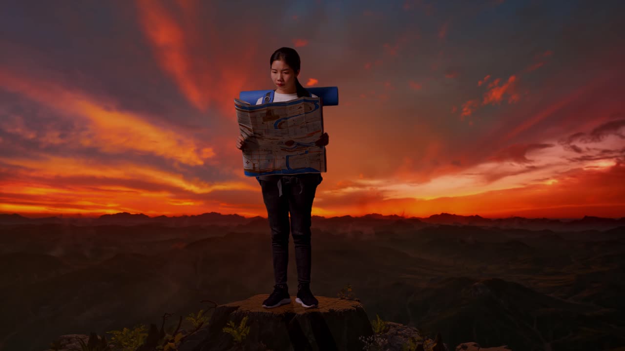 mujer aventurera caminando con un mapa al atardecer