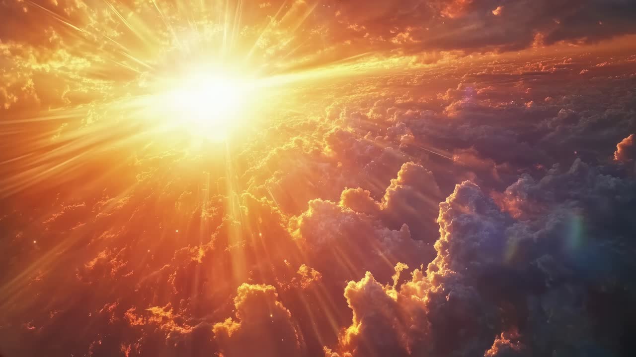 A breathtaking aerial video shot of a vibrant sunset above the clouds, capturing radiant sunbeams