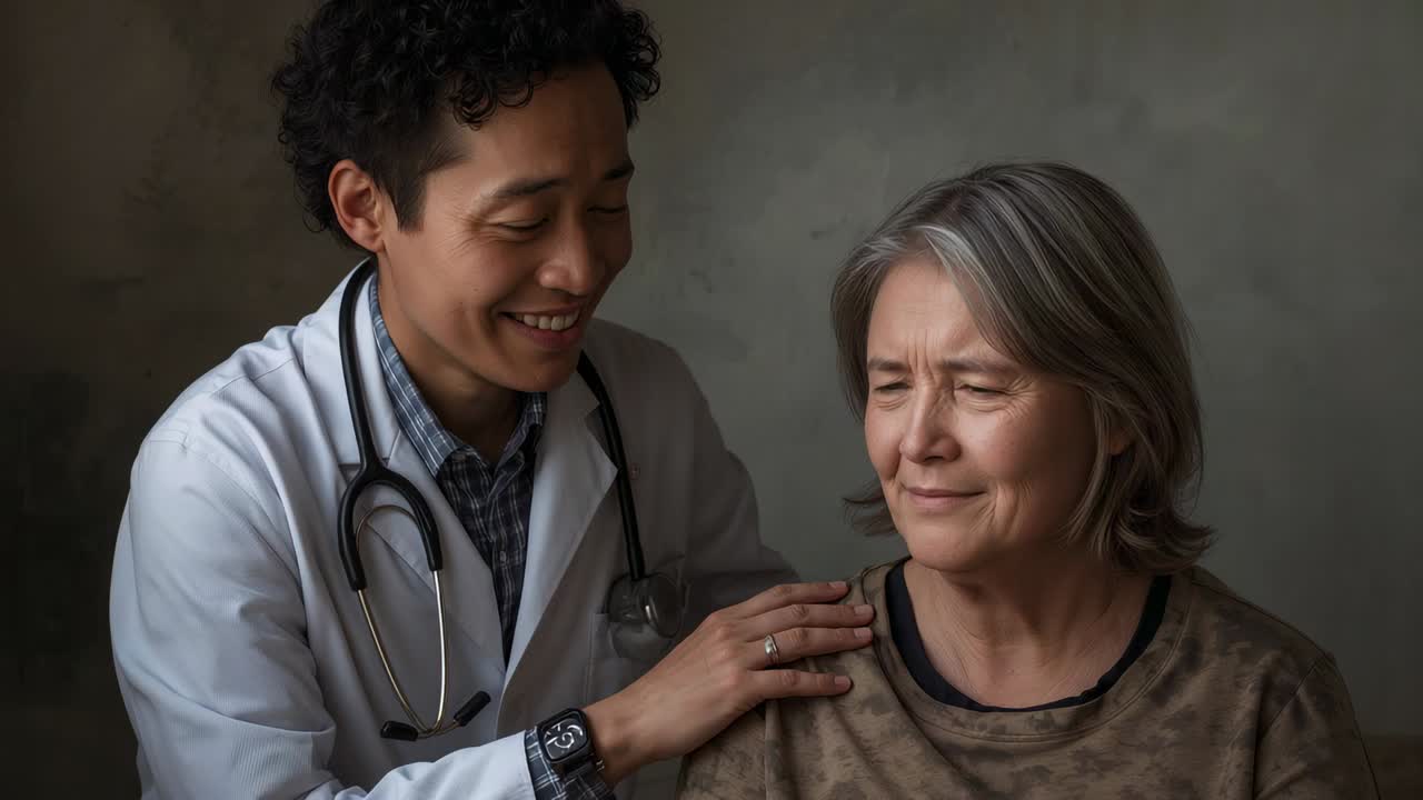 Un medico si china e appoggia una mano sulla spalla di un paziente anziano mentre lo tranquillizza e gli parla in una clinica, indossando un camice bianco