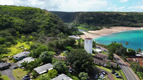 aerial over waimea beach and surrounding neighborhood