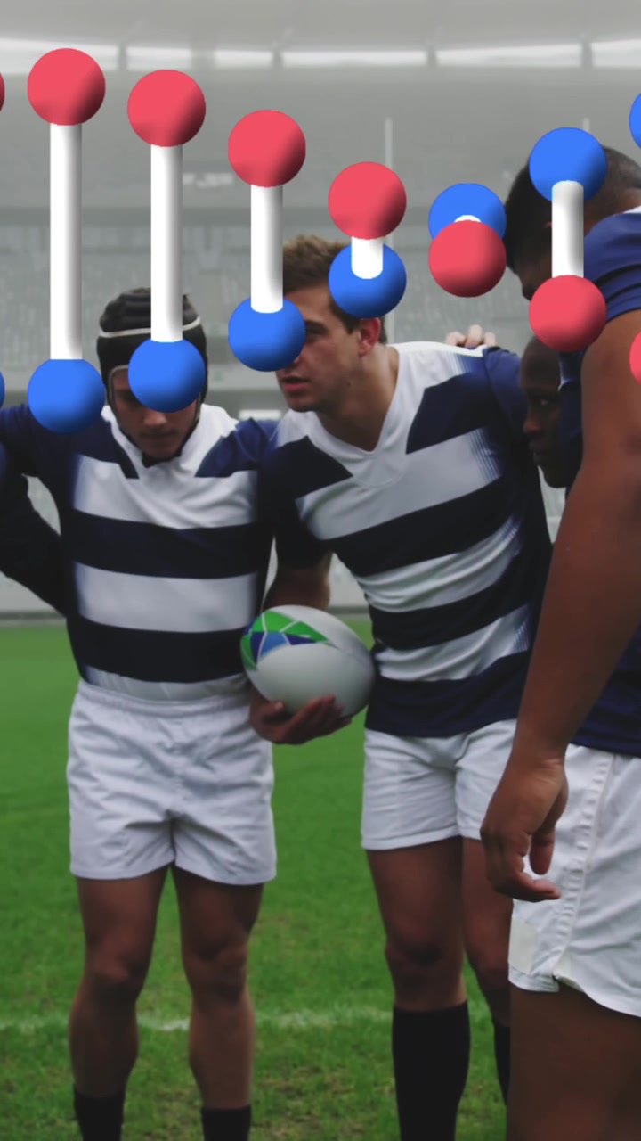 Animación de una hebra de ADN sobre jugadores de rugby masculinos en el estadio