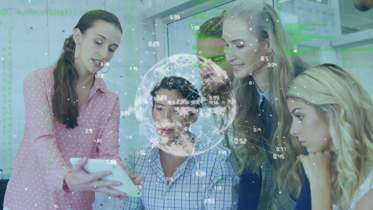 animación del procesamiento de datos y el mundo más feliz gente de negocios diversa en la oficina