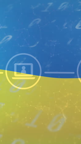 animation of connections with icons and binary code over flag of ukraine