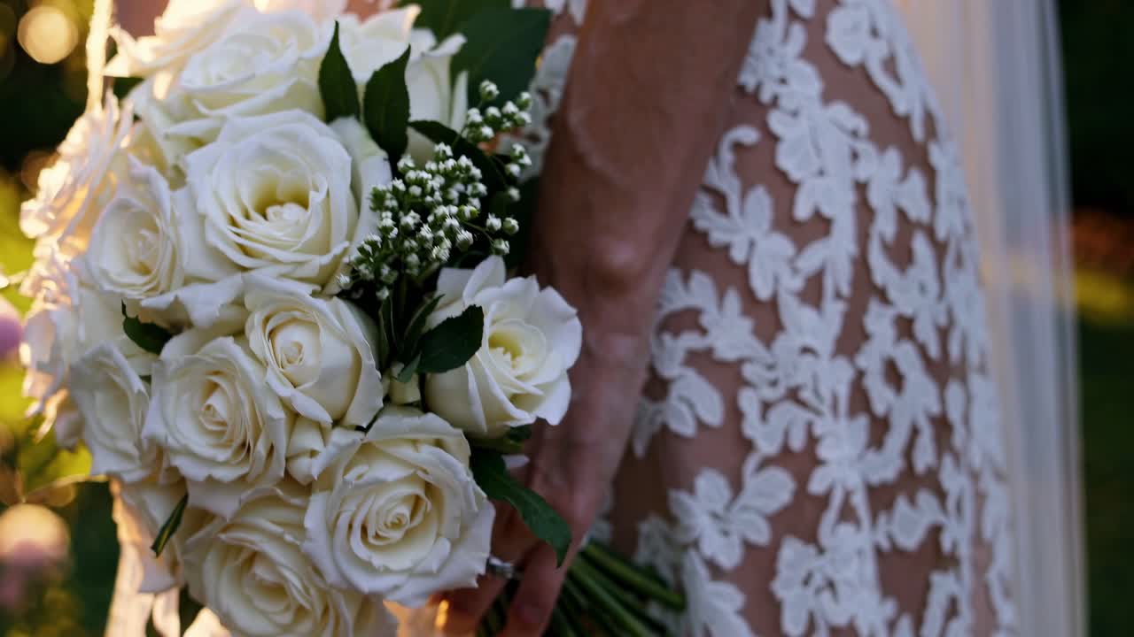 Video ravvicinato di un bouquet da sposa con rose bianche, ripreso da un angolo basso