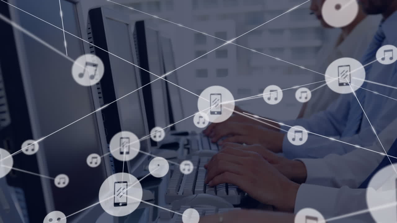 animación de la red de conexión con iconos sobre personas de negocios que usan auriculares de teléfono