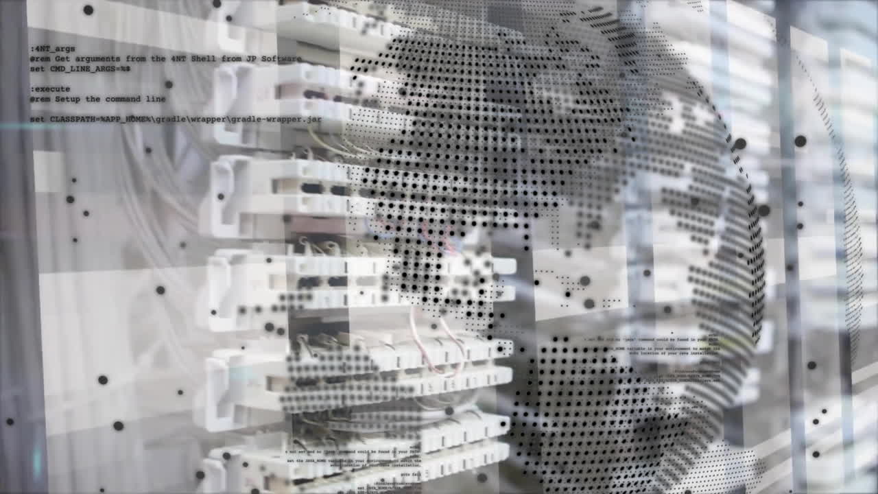 Animation of globe with data processing over computer servers