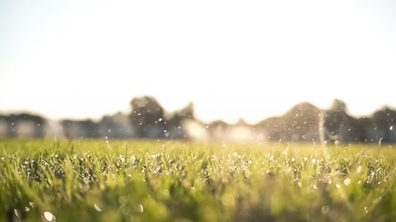 골프 클럽은 슈퍼 슬로우 모션으로 골프 공을 때립니다. 아침 이슬의 방울과 풀 입자가 충돌 후 공중에 올라갑니다.