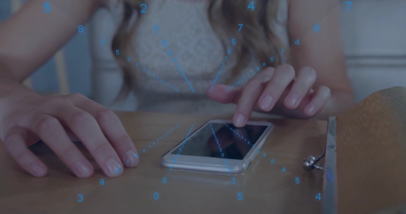 Woman at table, tapping phone and swiping, blue numeric line overlay animating over hands for tech