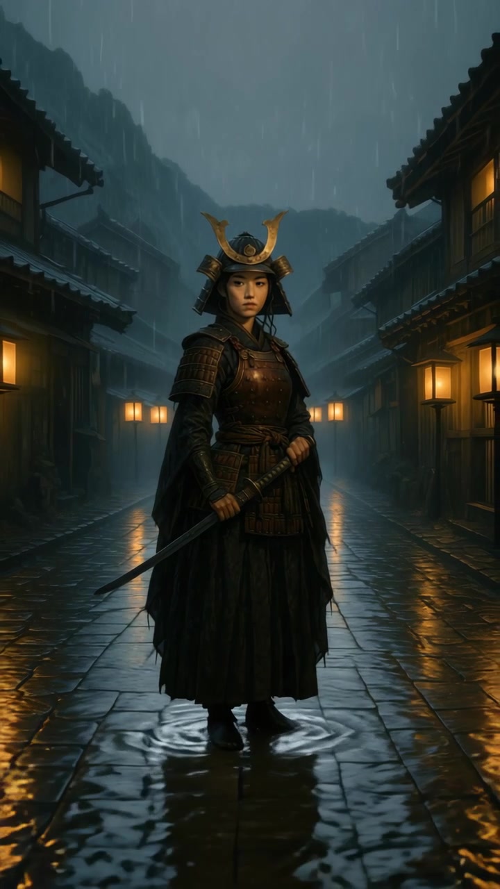 Gece Yağmurlu Geleneksel Japon Sokağında Duran Kadın Samuray