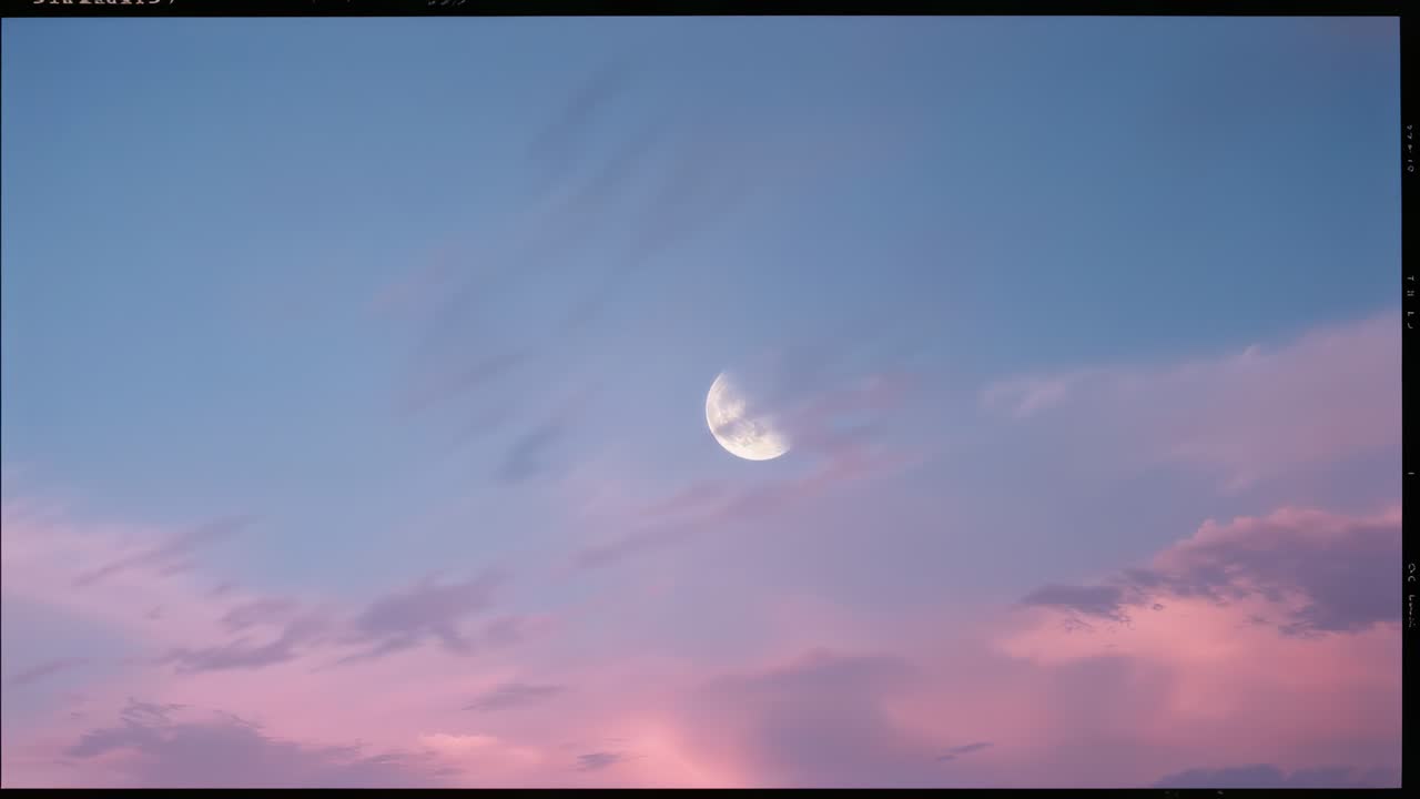 Rising half moon brightening while sun sinking in pastel dusk sky, with glowing cloud formations