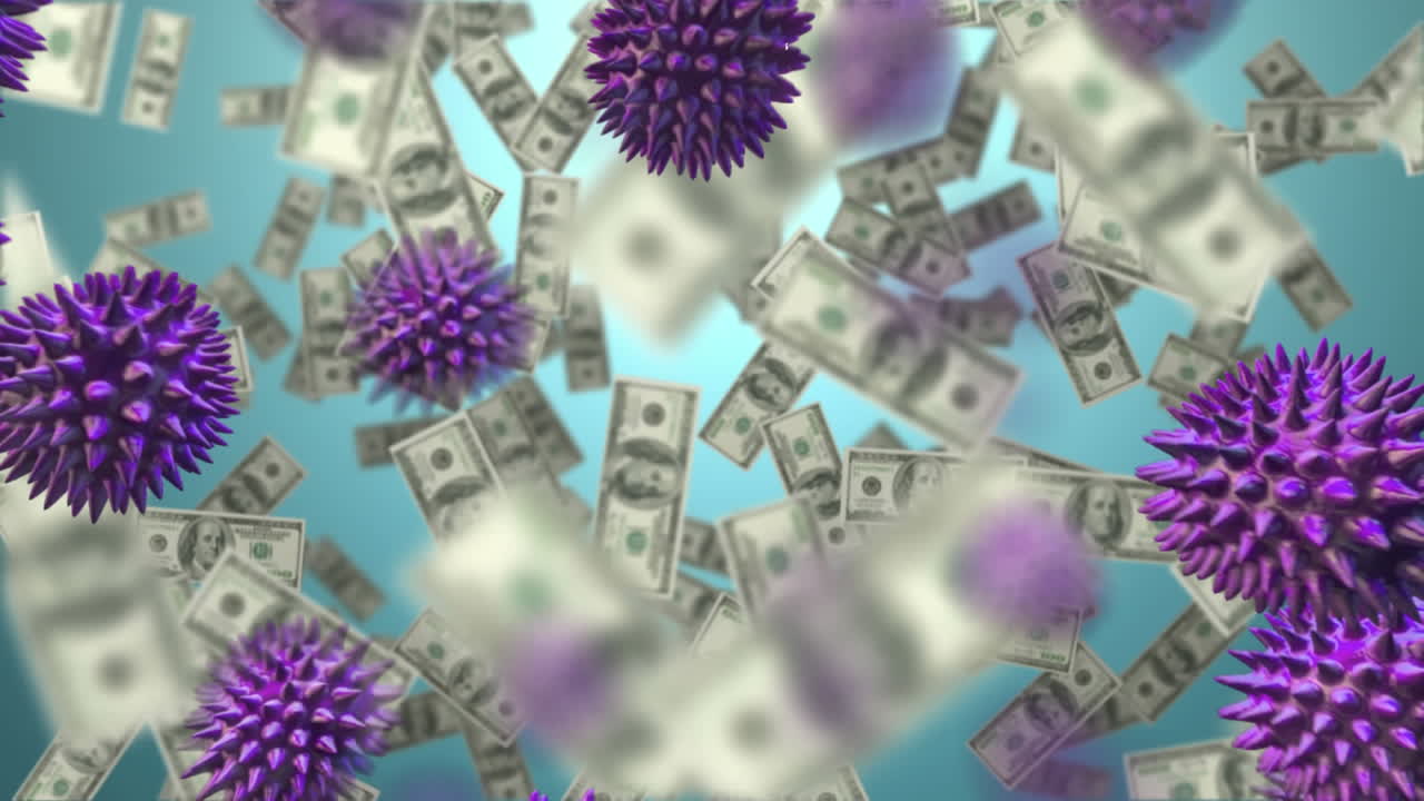 거시적인 코로나19 세포와 떠다니는 미국 달러 지폐의 애니메이션.