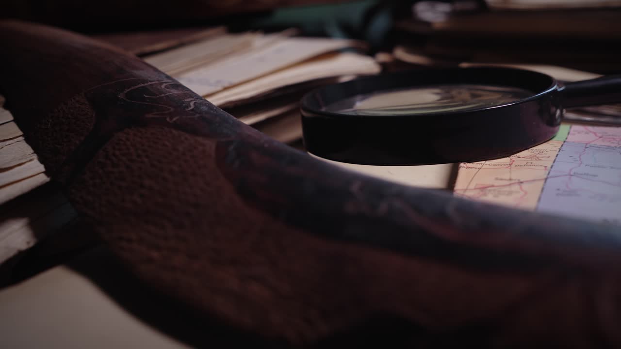 Antique manuscripts and artefacts clutter explorers desk in moody room