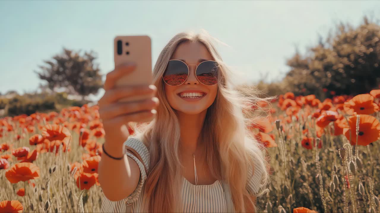Mujer haciéndose un selfie en un campo de amapolas